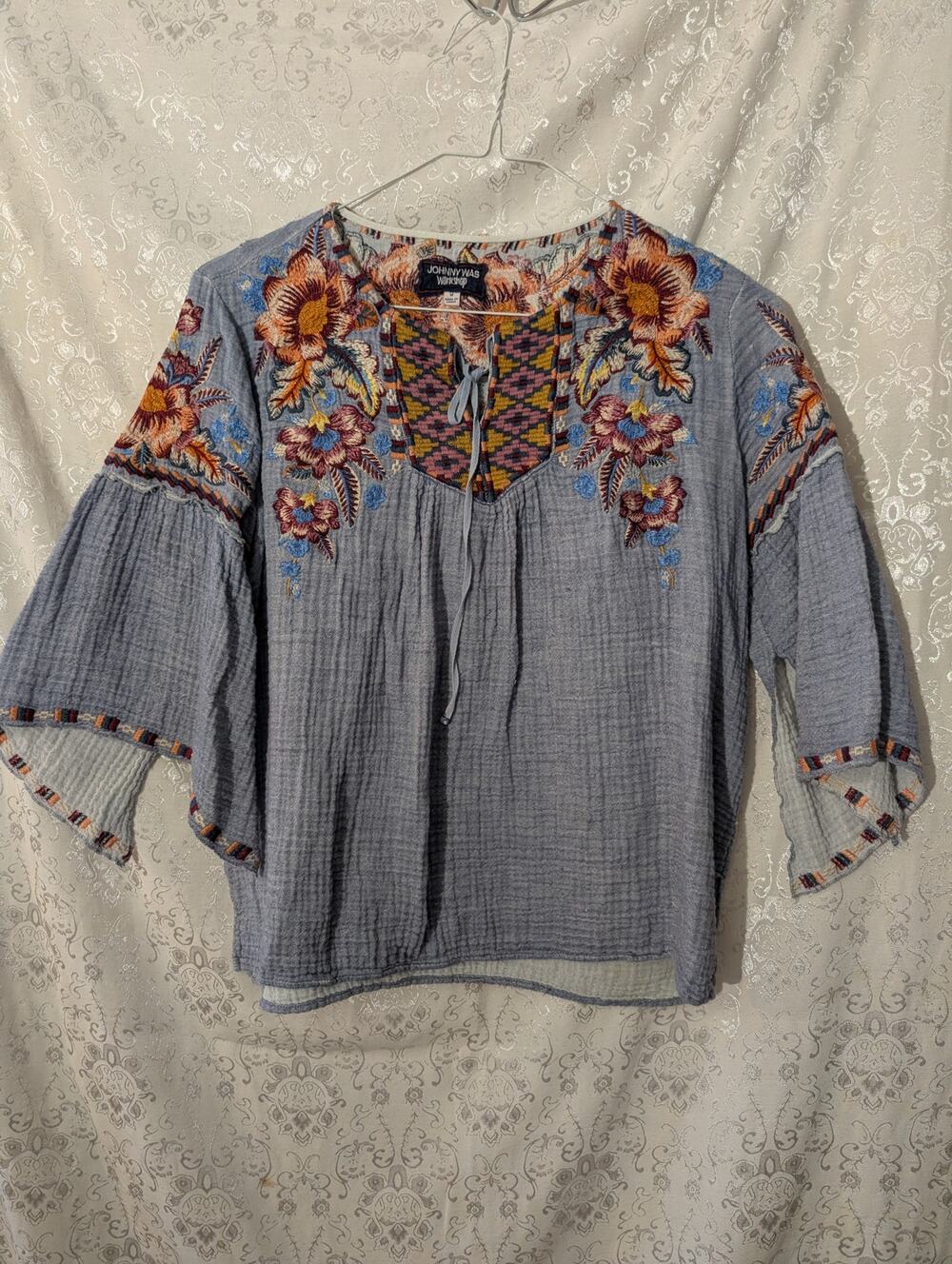 Johnny Was 3J Workshop Caila Embroidered Gauze Boho Blouse Blue Medium